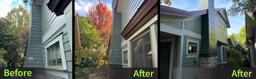 before and after picture of redoing siding on a house